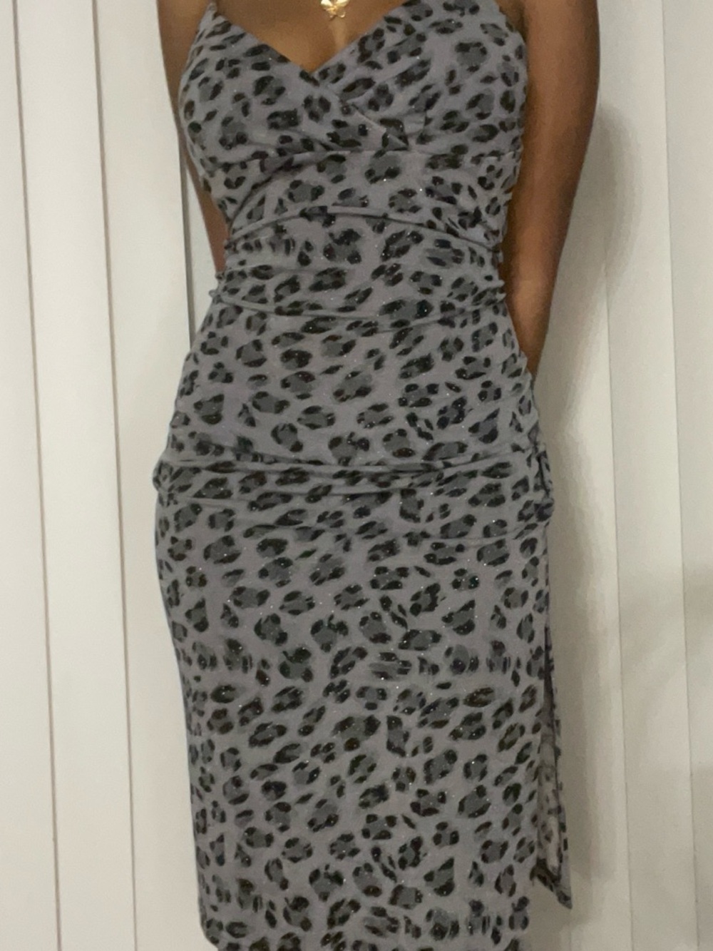 La Belle Gray Leopard Print Ruched Slip Dress